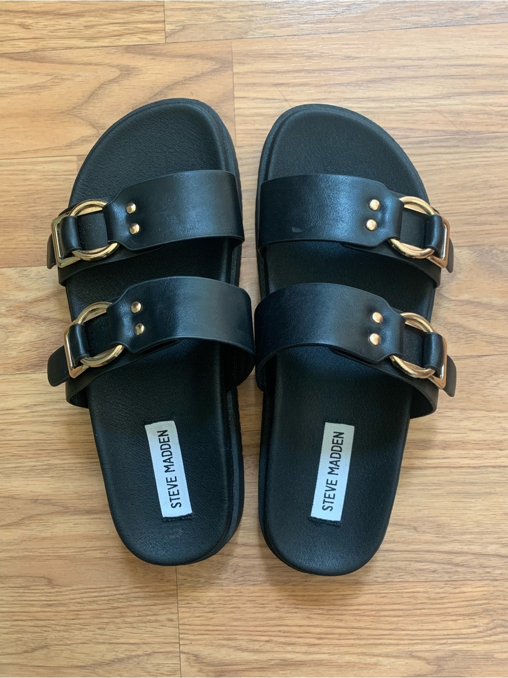 Steve Madden Hanni Black Sandals with Gold Buckles Size 8.5